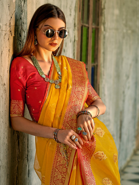 Saree Mall Women's  Blend Yellow Woven Design Designer Saree With Blouse Piece-ZILMIL390003