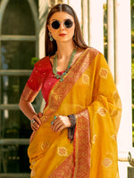 Saree Mall Women's  Blend Yellow Woven Design Designer Saree With Blouse Piece-ZILMIL390003