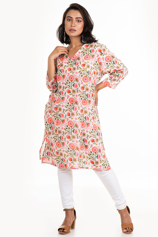 Jannat White Pink V Neck Tunic