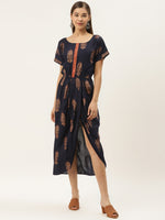 Gold Block Print Front Pleated side cowl dress in Navy
