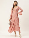 Bell sleeve printed long dress with front drape in dusty pink