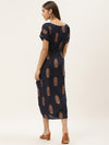Gold Block Print Front Pleated side cowl dress in Navy