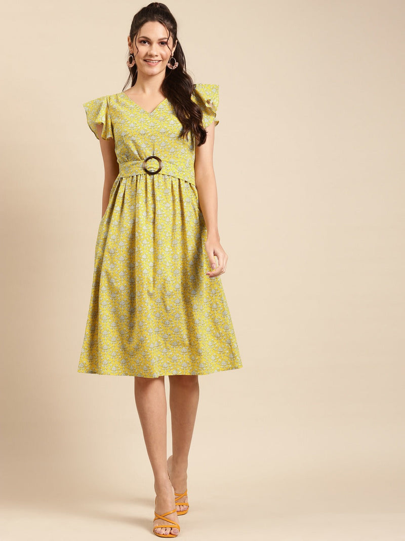 Frill sleeve printed midi dress with buckle belt in Yellow print