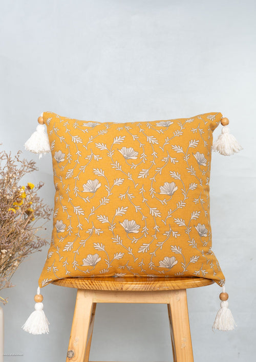 Eden mustard 100% cotton floral cushion cover for sofa with tassels-240451008