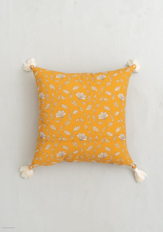 Eden mustard 100% cotton floral cushion cover for sofa with tassels-240455008