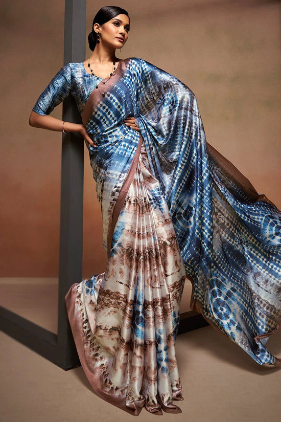 Avanshee Women's Latest Digital Print, Floral Print, Striped, Paisely, Bollywood Satin, Silk Blend Saree-AVN-8090-BLUE