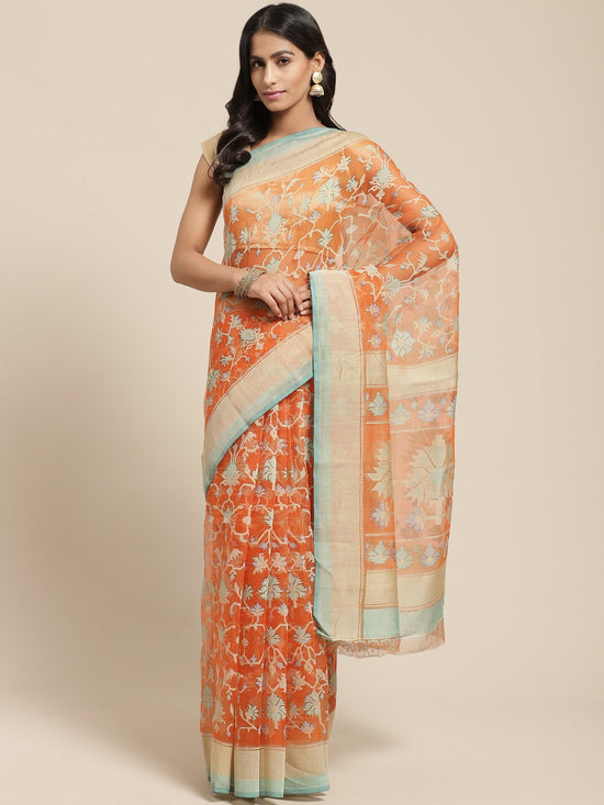 Orange Printed Brasso Saree