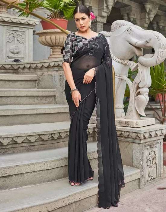 Avanshee Women's Latest Georgette Solid Saree With Unstiched Embroidred Blouse-AVN-1701-BLACK