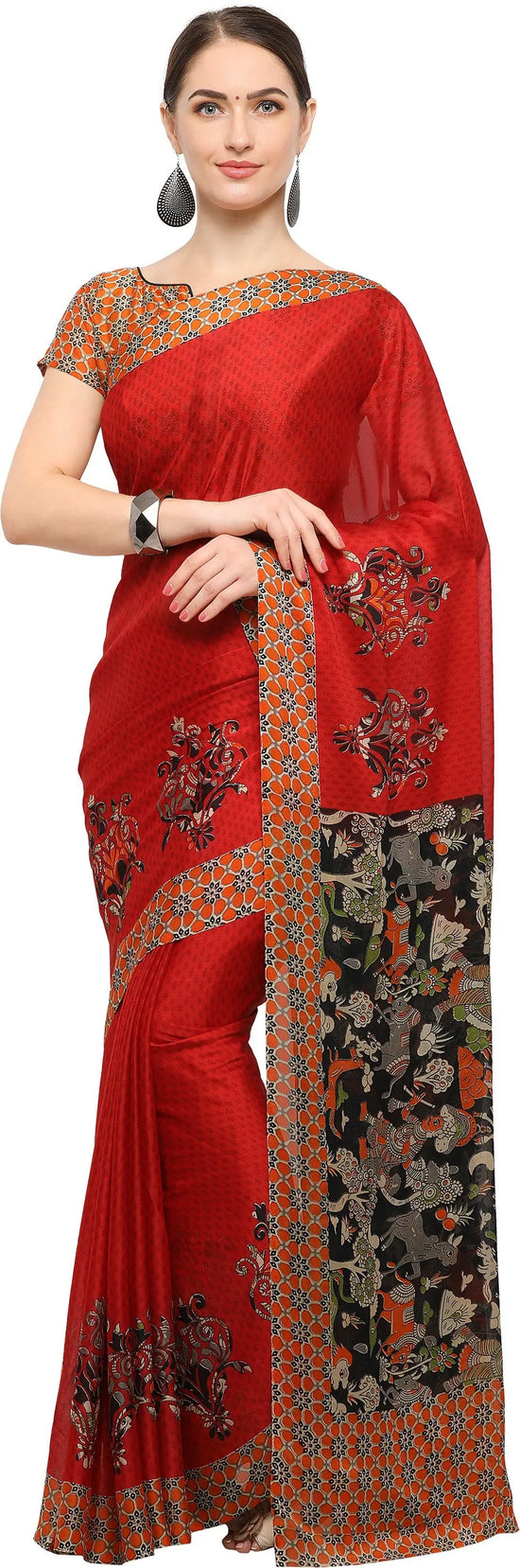 Red Printed Chiffon Saree-CC1009a-Standard