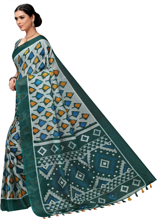 Dark Green Printed Cotton Blend Saree