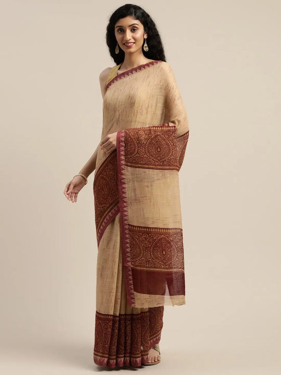 Brown & Beige Printed Art Silk Saree