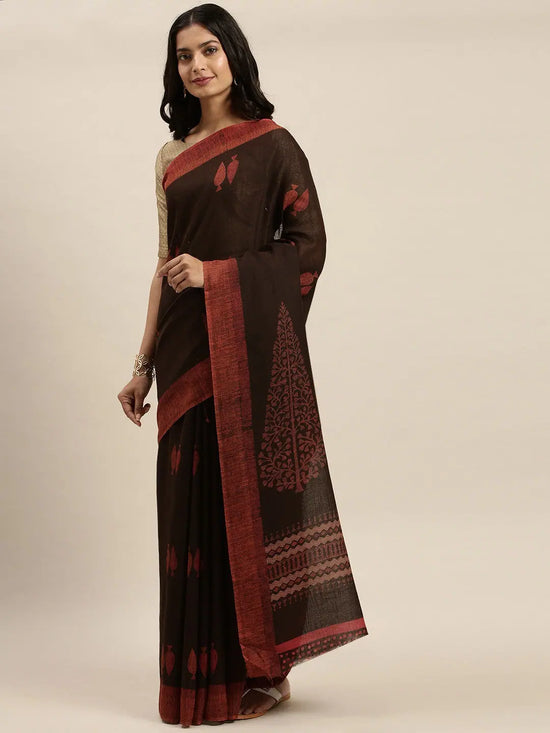 Brown Printed Art Silk Saree Me Us