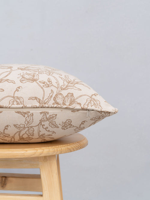 French Farmhouse 100% cotton floral cushion cover for sofa with self piping - Beige-230455034