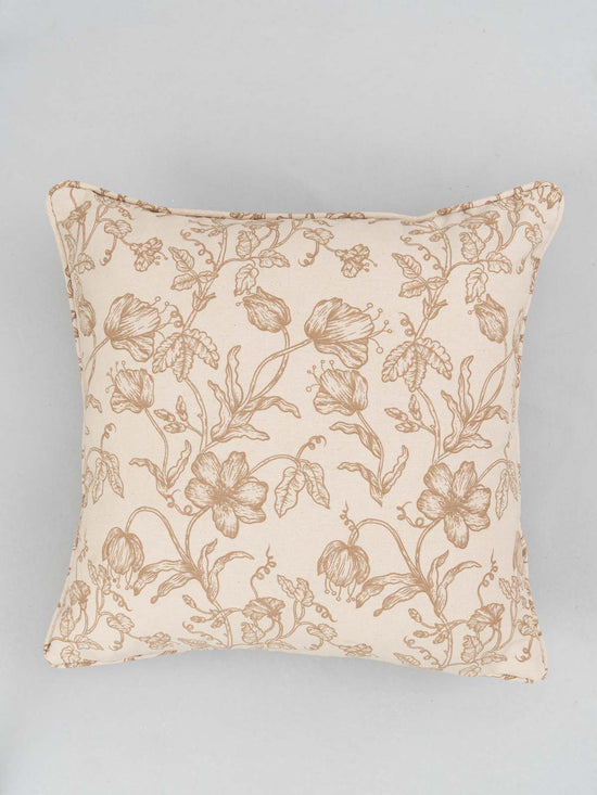 French Farmhouse 100% cotton floral cushion cover for sofa with self piping - Beige-230454034