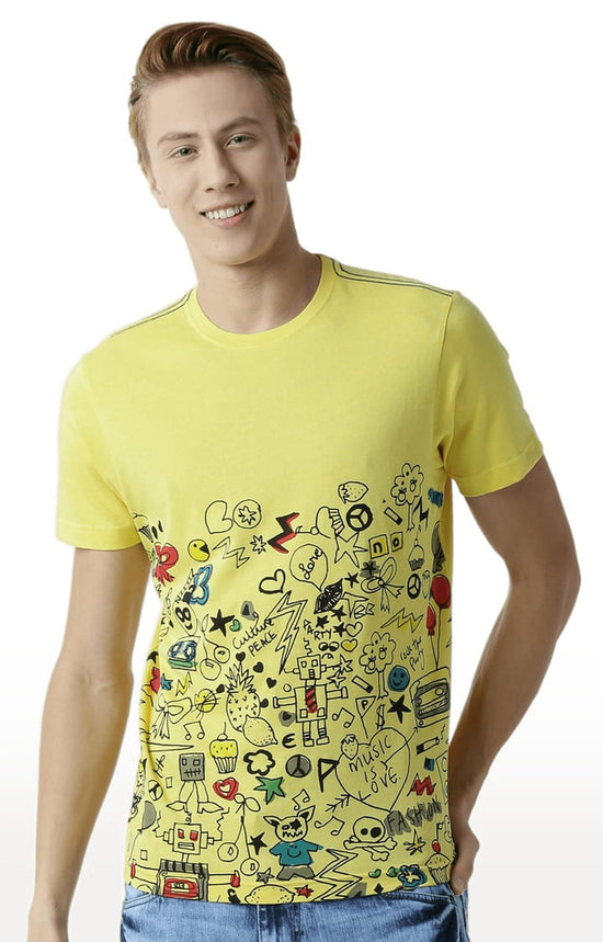 Huetrap Yellow Mens Short Sleeve Graphic Printed Tshirt-HT16MKGRAYLW00377