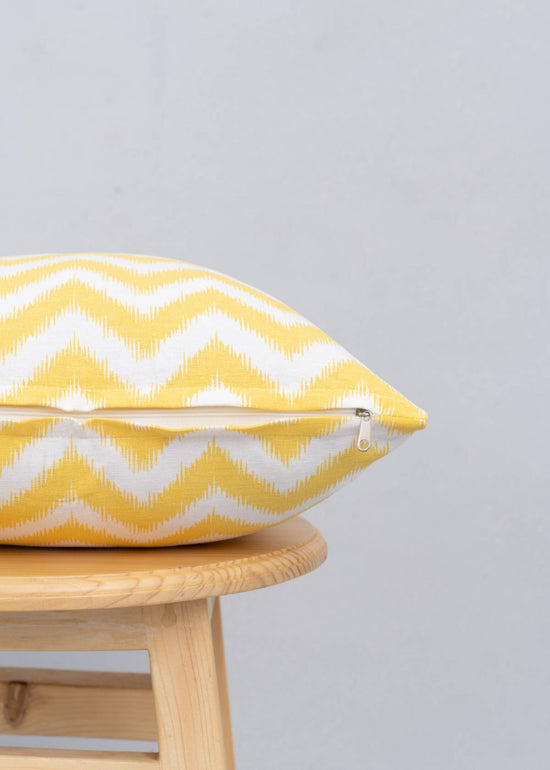 Ikat Chevron 100% cotton geometric cushion cover for sofa - Yellow-230454048