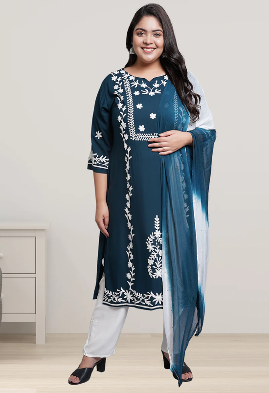 Plus Size Floral Kurta Pant Set With Dupatta