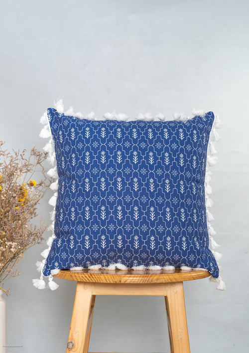 Meadows 100% cotton geometric cushion cover for sofa - Indigo - With tassel-240451014