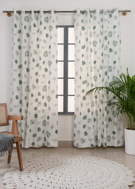 Monstera Printed 100% cotton floral curtain for living room - Room darkening - Green - Pack of 1-230423057