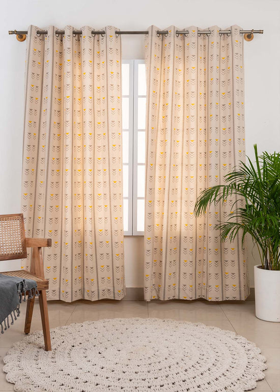 Mudline Printed 100% cotton ethnic curtain for living room - Room darkening - Mustard - Pack of 1-230423059