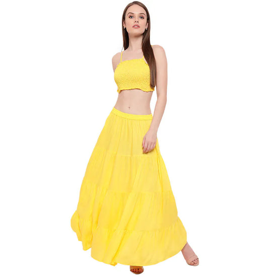 Aawari Rayon Skrit Top Set For Girls and Women Yellow-AM082-Yellow