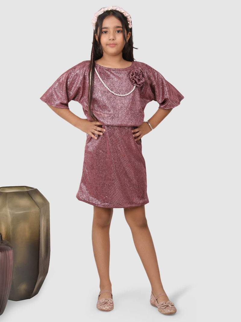 Jelly Jones Partywear Knee Length glitter Dress With pearl embelishment Pink