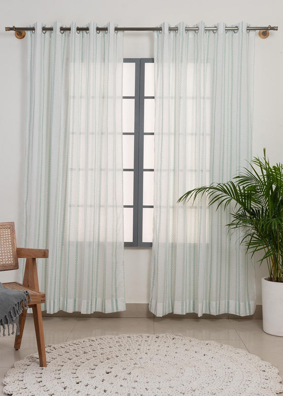 Picket Fence 100% Cotton Sheer Geometric curtain for Living room & bedroom - Light filtering - Sage Green - Pack of 1-230424069