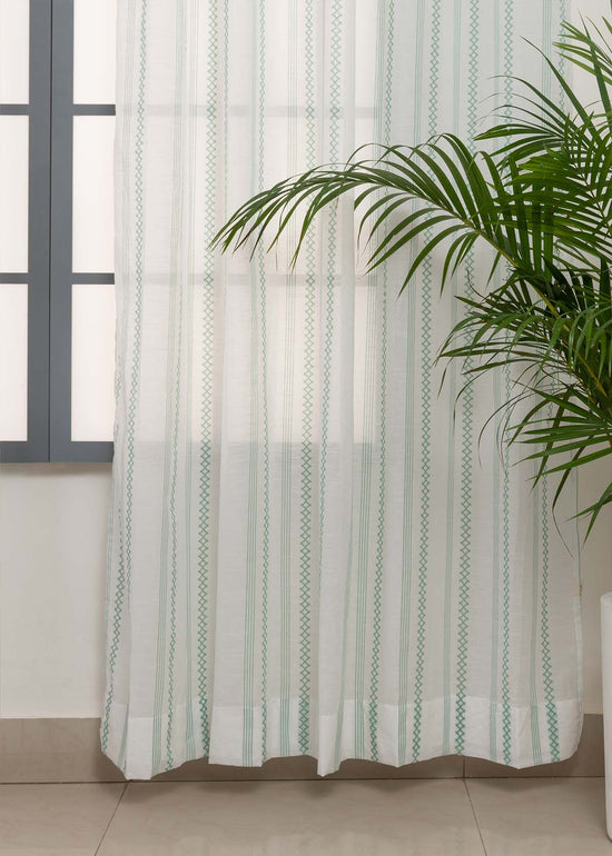 Picket Fence 100% Cotton Sheer Geometric curtain for Living room & bedroom - Light filtering - Sage Green - Pack of 1-230425069