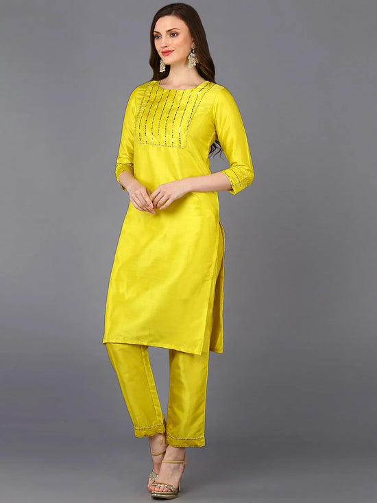 Poly Chanderi Yellow Straight Kurta Pant With