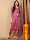 Ahika Women Pink Silk Blend Embroidered Straight Kurta Pant Set With Dupatta