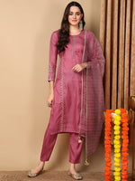 Ahika Women Pink Silk Blend Embroidered Straight Kurta Pant Set With Dupatta