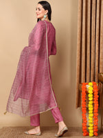 Ahika Women Pink Silk Blend Embroidered Straight Kurta Pant Set With Dupatta