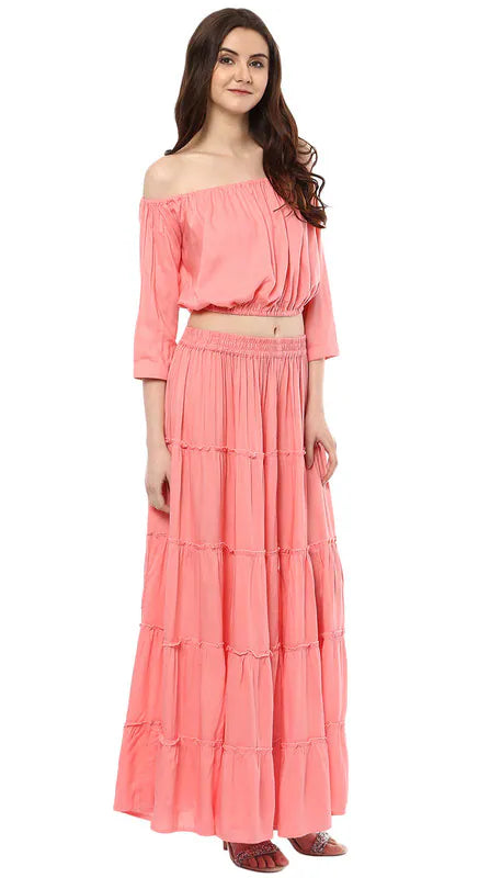 Aawari Rayon Two Piece Prom Dress For Girls and Women Peach-AM083-Peach