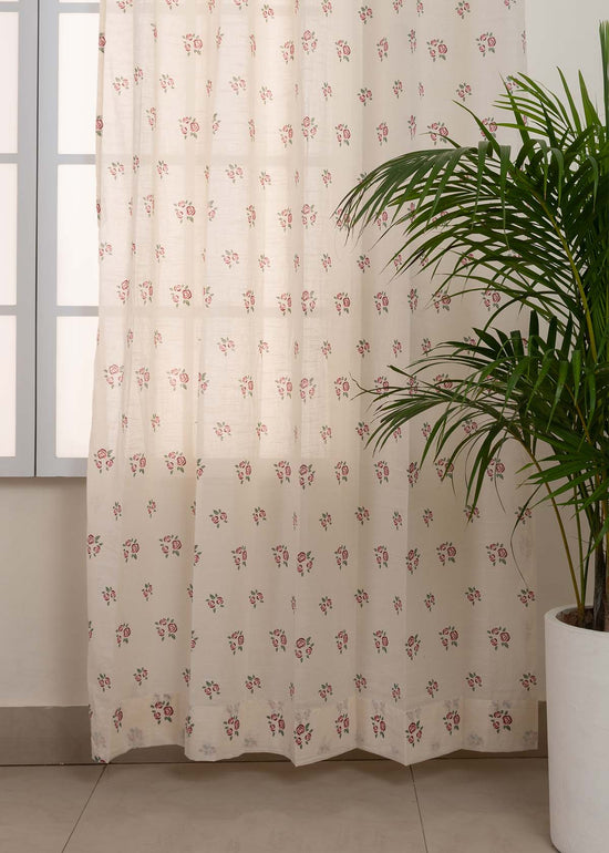 Rose Garden 100% Cotton Sheer floral curtain for Living room - Light filtering - Wine Red - Pack of 1-230424079