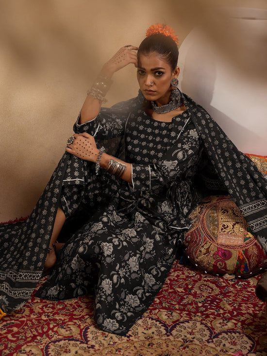 Indo Era Black Printed Straight Kurta Palazzos With Dupatta set