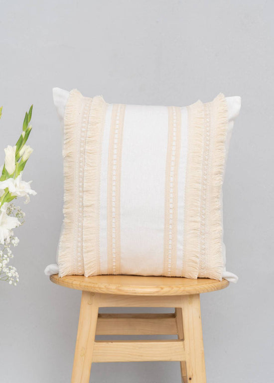 Tasseled textured 100% cotton cushion cover for sofa - White-230454095