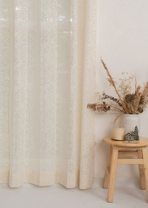 Trailing Berries 100% Cotton Sheer minimal curtain for Living room - Light filtering - Cream - Pack of 1-230424096