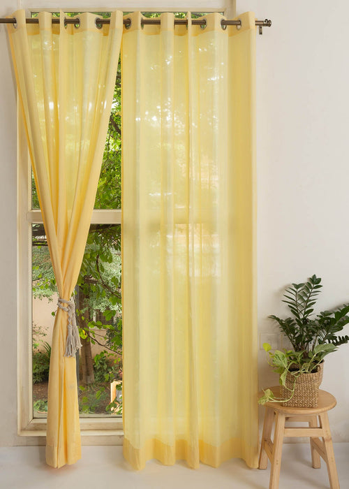 Solid Turmeric yellow sheer 100% cotton plain curtain for Living room & bedroom - Light filtering - Pack of 1-230424102