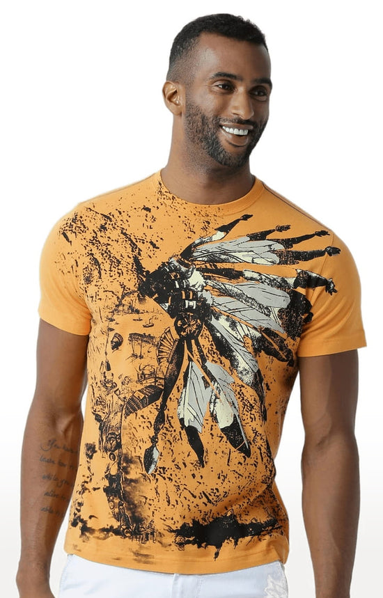 Huetrap Orange Mens Short Sleeve Graphic Printed Tshirt-HT17MKGRABZO00317