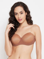 Clovia Padded Underwired Demi Cup Strapless T-shirt Bra with Transparent Straps & Band in Nude Colour