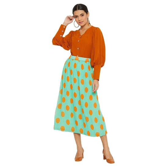 Adults-Women Sea green Pleated Polka Dot Skirt