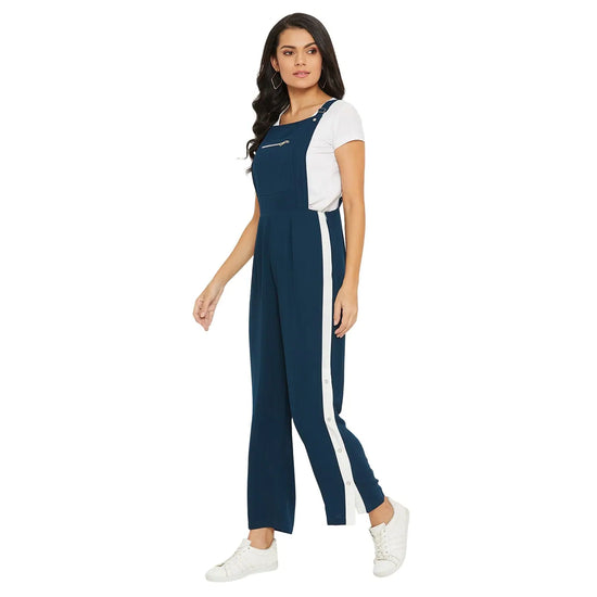 Adults-Women Solid Teal Dungarees With Side Stripes