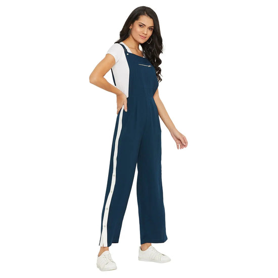 Adults-Women Solid Teal Dungarees With Side Stripes