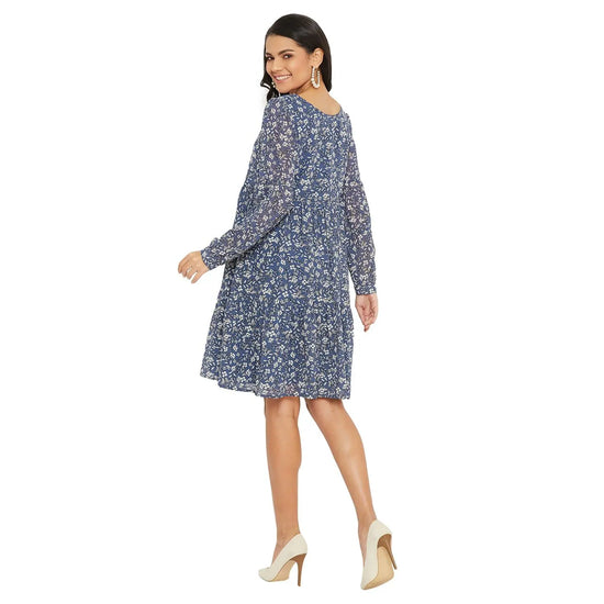 Adults-Women Blue Print Tiered A-Line Dress