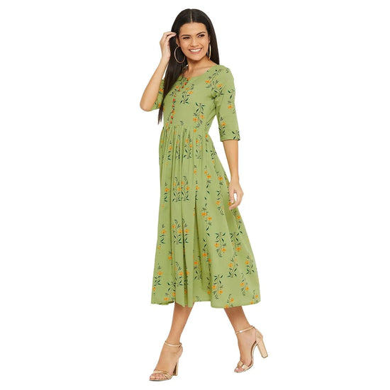 Adults-Women Green Printed Ethnic A-line Dress