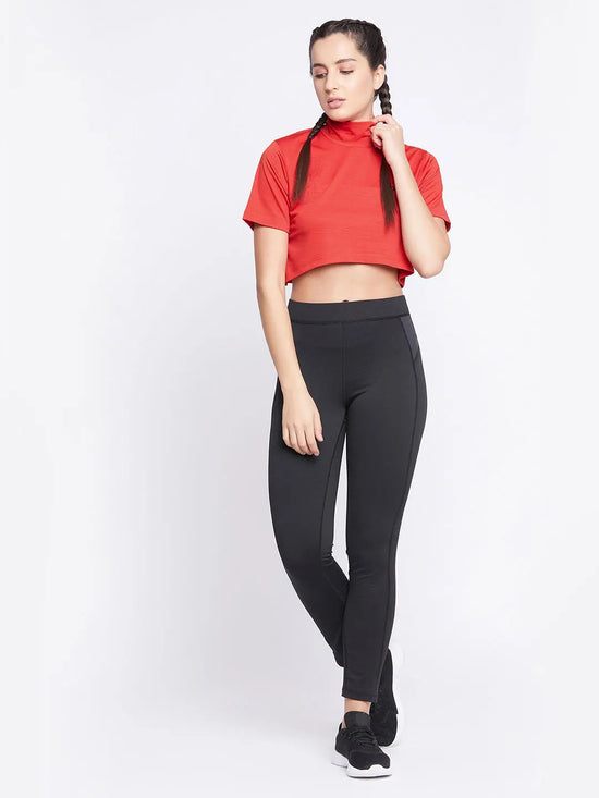 Clovia Comfort Fit Text Print Turtleneck Active Crop Top in Red