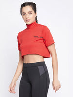 Clovia Comfort Fit Text Print Turtleneck Active Crop Top in Red