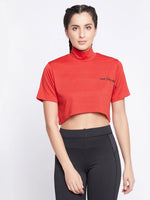 Clovia Comfort Fit Text Print Turtleneck Active Crop Top in Red