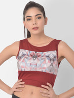 Clovia Comfort-Fit Active Geometric Print Crop Top in Maroon