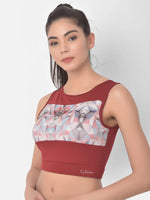 Clovia Comfort-Fit Active Geometric Print Crop Top in Maroon